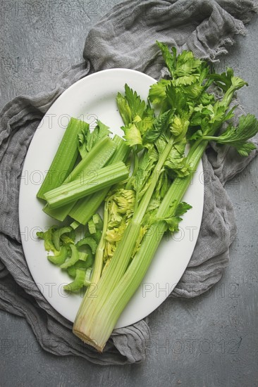 Fresh bunch of celery, top view, no people