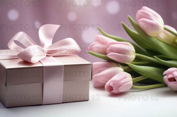 Gift Box with Pink Ribbon Beside bouquet of Fresh Tulips on Bokeh Background. Good for Valentine