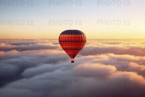 Colorful hot air balloon floats over a sea of clouds at sunset at sunset with orange and blue skies