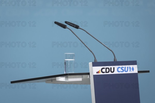 Lectern in the Konrad Adenauer Haus, taken during a press conference after the joint meeting of the