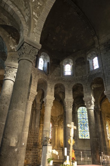 Orcival. Choir of Notre-Dame d'Orcival basilica showcasing Auvergne Romanesque architecture in