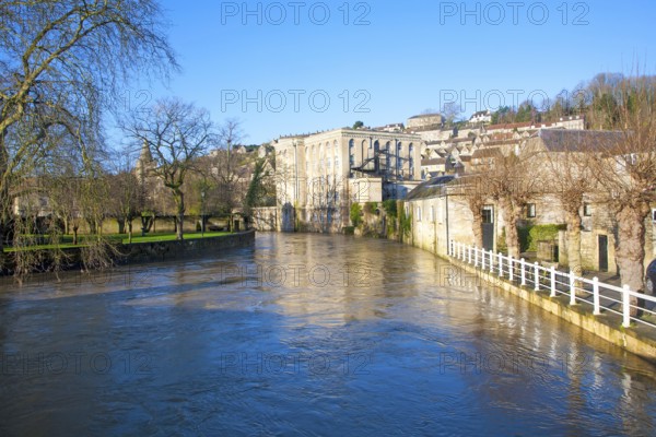 Historic buildings and River Avon, Bradford on Avon, Wiltshire, England, United Kingdom, Europe