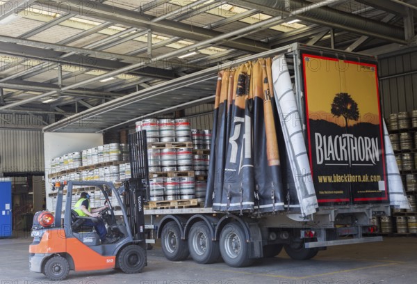 Forklift loading barrels onto trailer, Showerings cider mill, Shepton Mallet, Somerset, England, UK