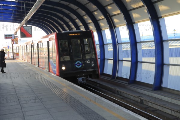 Docklands Light Railway train at City Airport station, London, England, UK