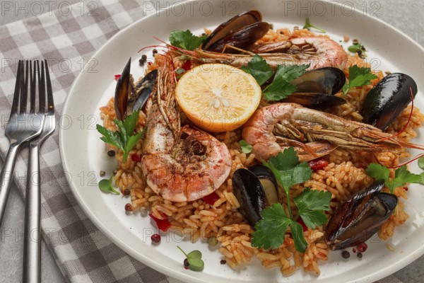 Seafood paella, shrimp and mussels risotto, rice, homemade, top view, no people