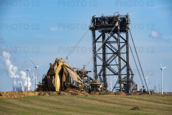 Opencast lignite mine Garzweiler II, bucket wheel excavator dredging, at the edge of the opencast