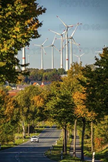 Wind farm near Lichtenau, federal road B68, wind turbines, autumn, North Rhine-Westphalia, Germany,