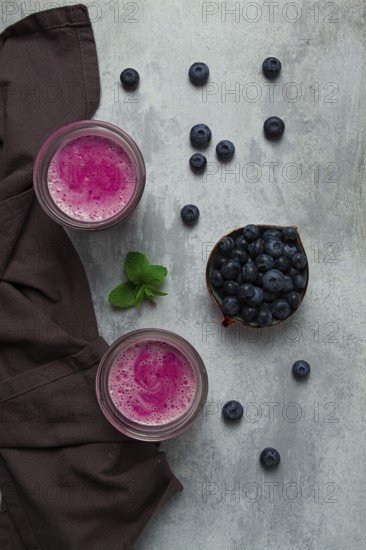 Smoothie, drink, in glass glasses, blueberry, homemade, breakfast, top view, no people