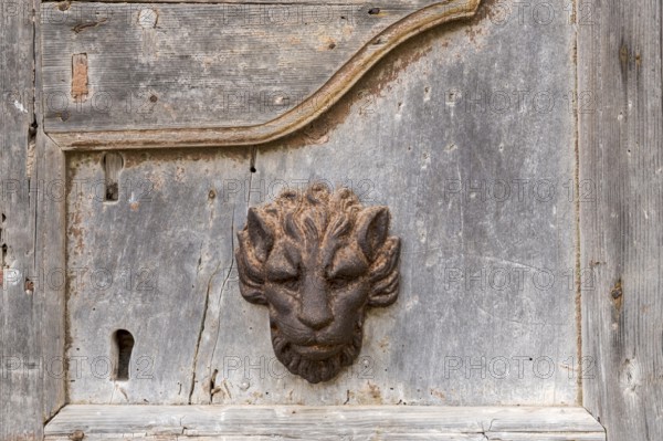 Weathered wooden door with a metal lion's head as decoration, rustic and antique atmosphere,