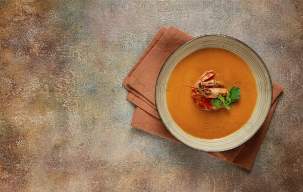 Shrimp cream soup, bisque soup, French cuisine, homemade, no people