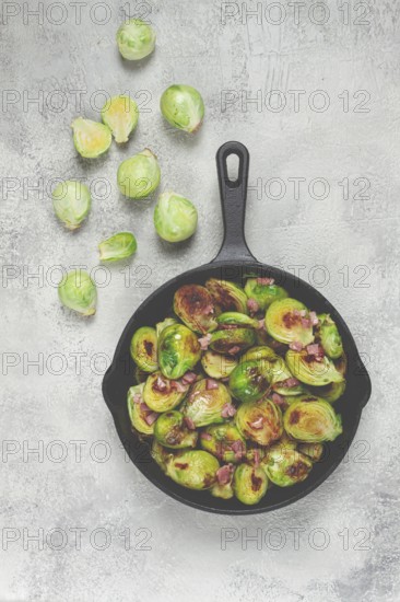 Roasted brussels sprouts, with bacon, vegetarian food, homemade, no people