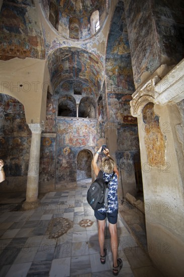 Church frescoes in the Byzantine ruined city of Mystras or Mistra on the Taygetos Mountains, UNESCO