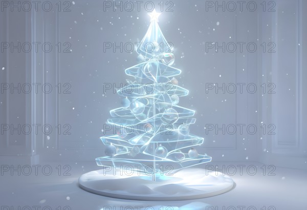 A three dimensional rendering of a futuristic Christmas tree made of glowing, semi-transparent