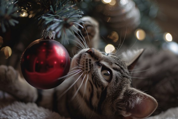 Curious cat playing with red Christmas tree bauble. Generative AI, AI generated