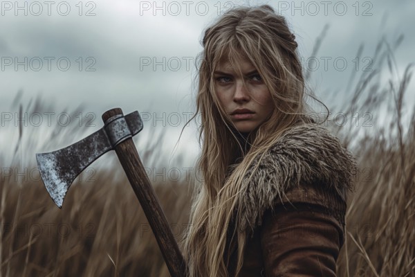 Female viking woman with ax. Fenerative Ai, AI generated