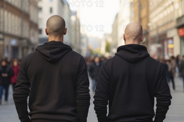 Back view of twi skinheads in black hoodies in street. KI generiert, generiert AI generated