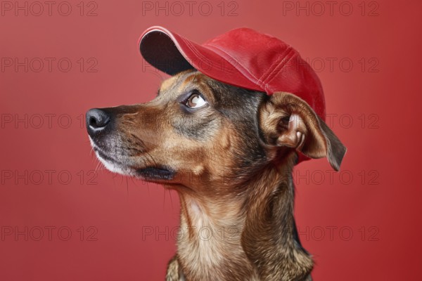 Dog with baseball cap in front of red studio background. KI generiert, generiert, AI generated