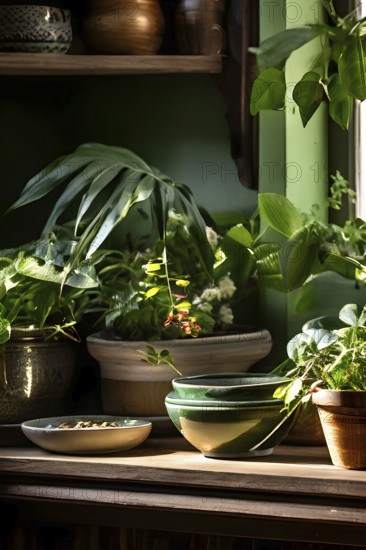 A sunlit kitchen corner, with a rustic wooden shelf holding neatly arranged ceramic bowls and a