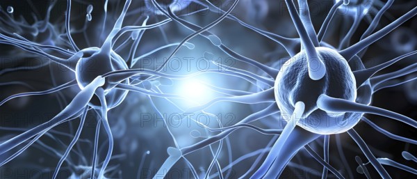 Visualization of neurons firing neurotransmitters in the synaptic gap, AI generated