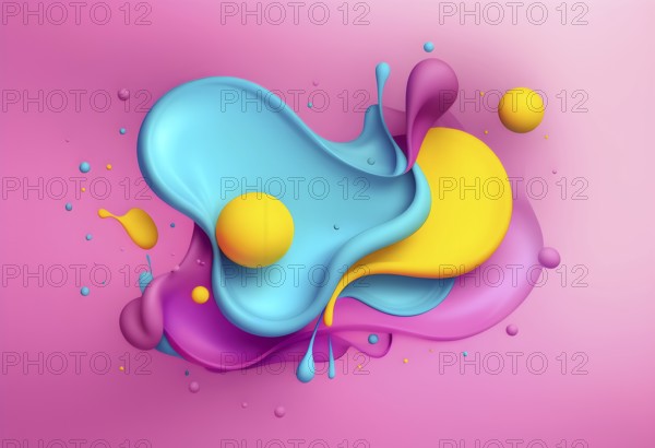 Abstract image with colorful yellow and turquoise blobs and liquid shapes on a pink background, AI
