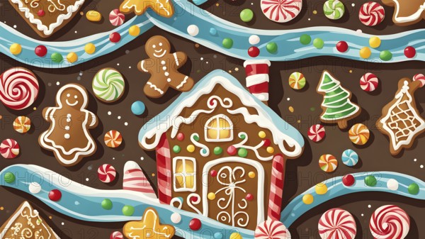 Abstract wallpaper illustration of of gingerbread house decoration, AI generated