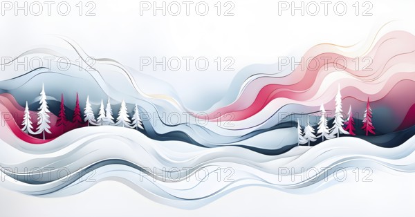 Christmas-themed abstract landscape with fluid, flowing lines representing snow-covered hills and