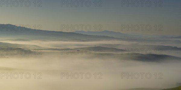 Landscape at sunrise around Volterra, Province of Pisa, Tuscany, Italy, Europe