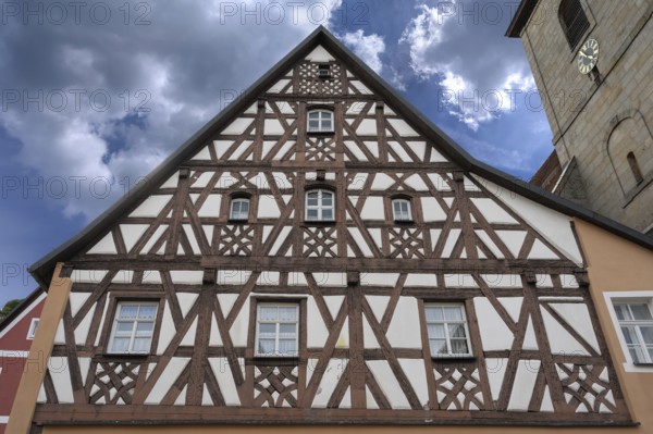 Gable of a medieval half-timbered house, Betztenstein, Upper Franconia, Bavaria, Germany, Europe