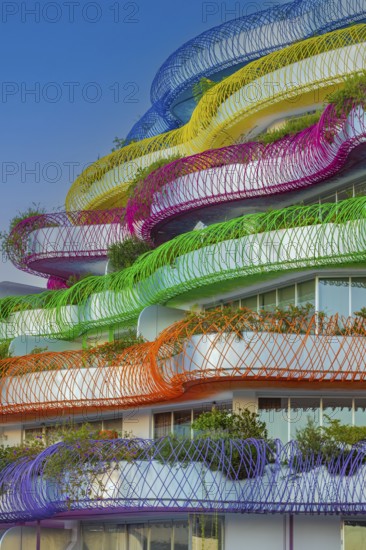 Modern apartment building with colourful balcony decorations, Eivissa, Ibiza Town, Ibiza, Balearic