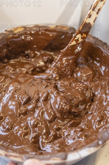 Close-up of a thick chocolate mass in a bowl, Burch Schokolade production, Haselstaller Hof,
