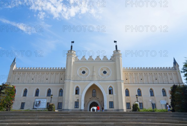 Front view of a historic castle with stairs and blue sky, castle with museum, Lublin, Poland,