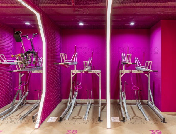 Underground car park for bicycles, redesigned Potsdamer Platz station, Sony Center, Berlin,