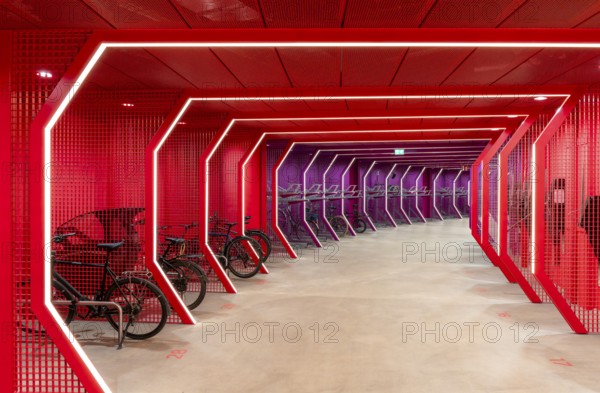 Underground car park for bicycles, redesigned Potsdamer Platz station, Sony Center, Berlin,