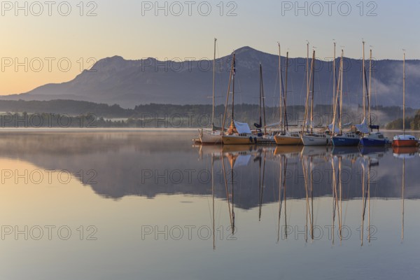 Morning light, mountains reflected in lake, summer, sailing boats, silence, tranquillity, Riegsee,