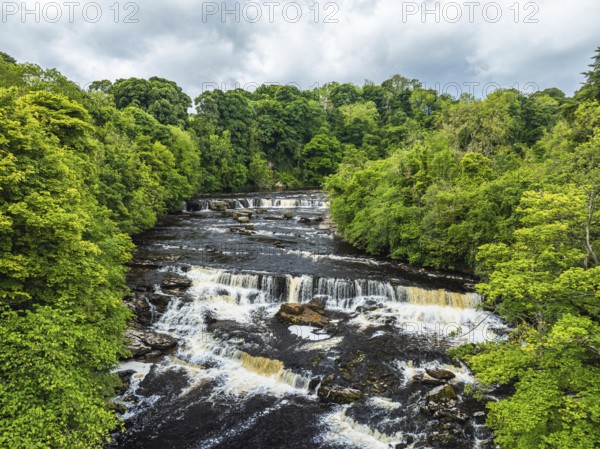 Aysgarth Falls on River Ure from a drone, Yorkshire Dales National Park, North Yorkshire, Englan