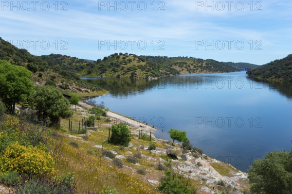 Calm river with green hills under a clear sky, peaceful landscape, confluence of the River Tiétar