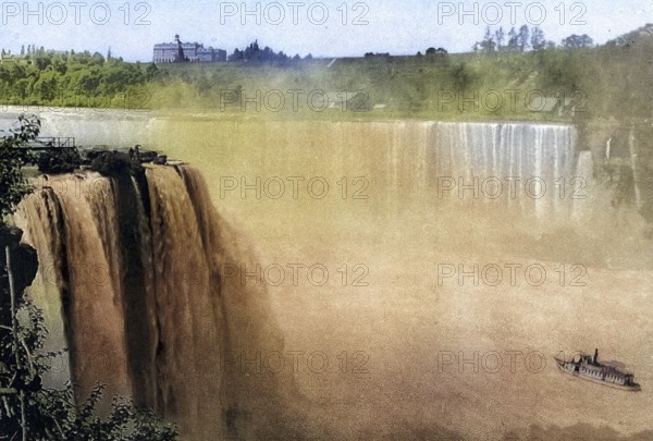 Niagara Falls, Canada, USA, Historical, digitally restored reproduction from a 19th century