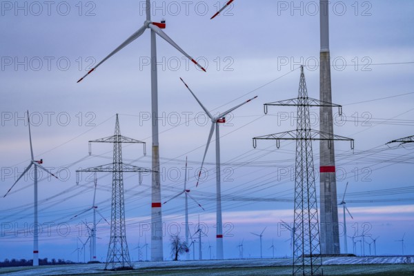 Wind farm, north of Marsberg-Meerhof, winter, slightly snowy landscape, North Rhine-Westphalia,