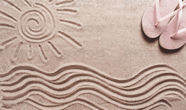 Abstract background, Summer wallpaper, drawing on sand, sea waves and sun, women's beach