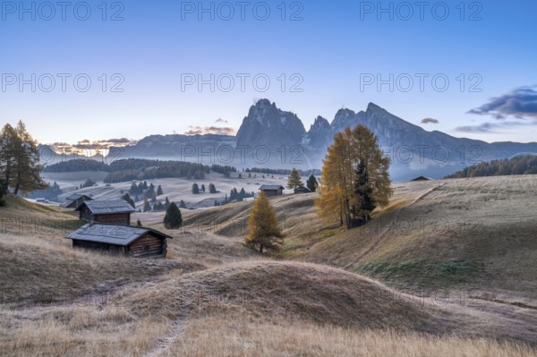 Autumn on the Seiser Alm, Alpine huts with Plattkofel and Langkofel, frost, fog, Dolomites, South