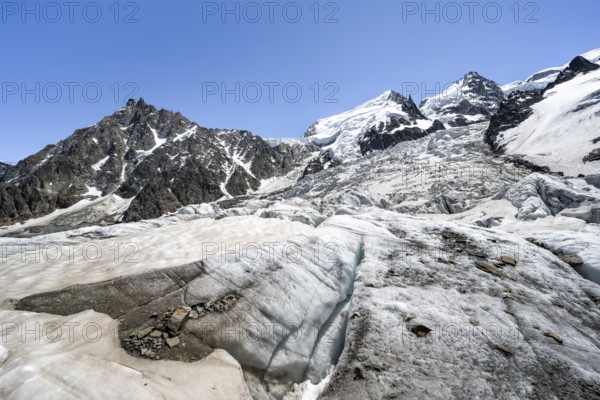 High alpine glaciated mountain landscape, La Jonction, Glacier des Bossons meets Glacier de