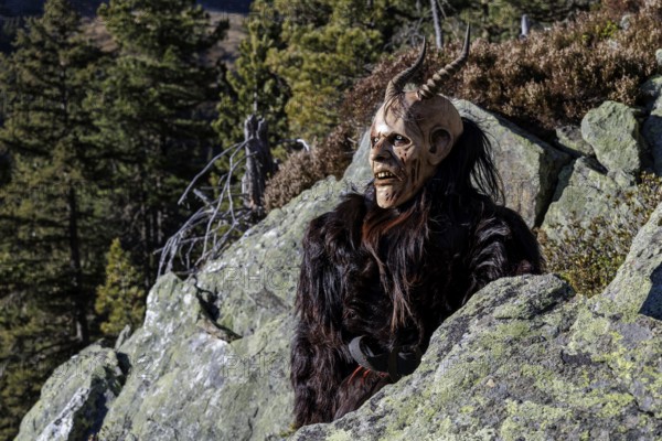 Person in demonic costume looking from rocky vantage point over forest, Neukirchen am