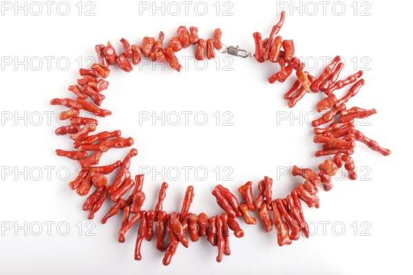 Red coral beads isolated on white background. top view, close up