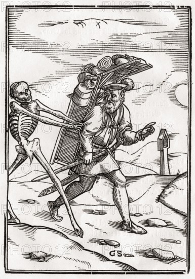 Der Tod kommt zum Hausierer Woodcut von Georg Scharffenberg nach Hans Holbein d. J. Aus Der Todten
