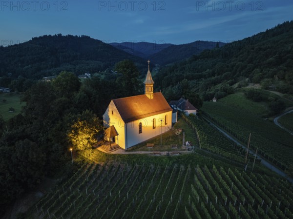 The Jakobuskapelle, mountain chapel on a vineyard at the blue hour, sight and landmark of