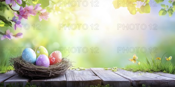 Painted Easter eggs for Easter in spring Greeting card with text free space Copyspace Banner