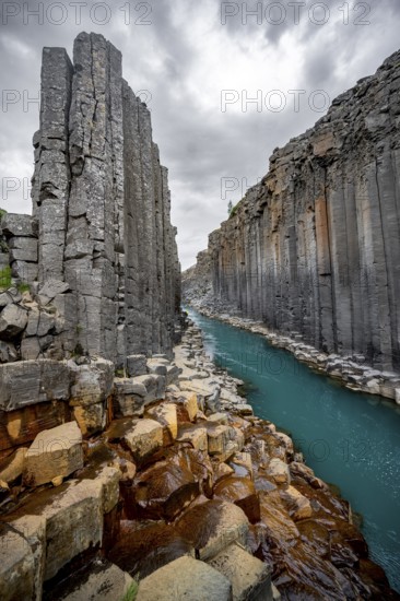 Stuðlagil Canyon, turquoise river between basalt columns, Egilsstadir, Iceland, Europe