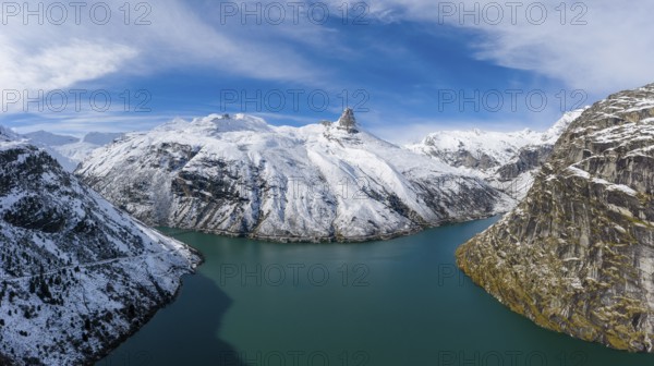 Aerial view over the Zervreila reservoir with the Zervreilahorn in the background, Valsertal,