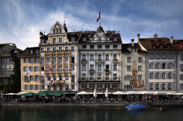 View from the Chapel Bridge onto the hotel promenade, Hotel des Alpes, Old Town, Lucerne,