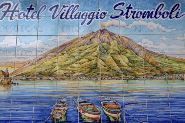 Painted wall tiles, Hotel Villagio Stromboli, Stromboli Island, Lipari Islands, Italy, Europe